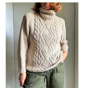 Vintage Cream Cotton Fisherman's Sweater Size Small/P Chunky Coastal Oversized